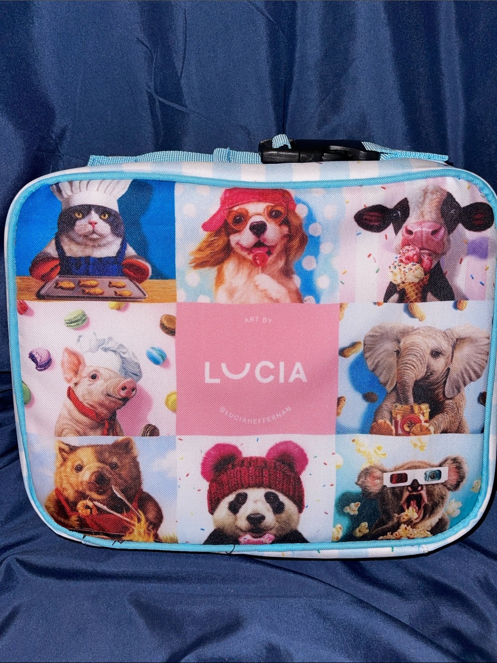 Lucia Illustrated Animal Lunchbox - Blue & Pink